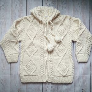 Wool Cable Aran style Hooded Cardigan Size M